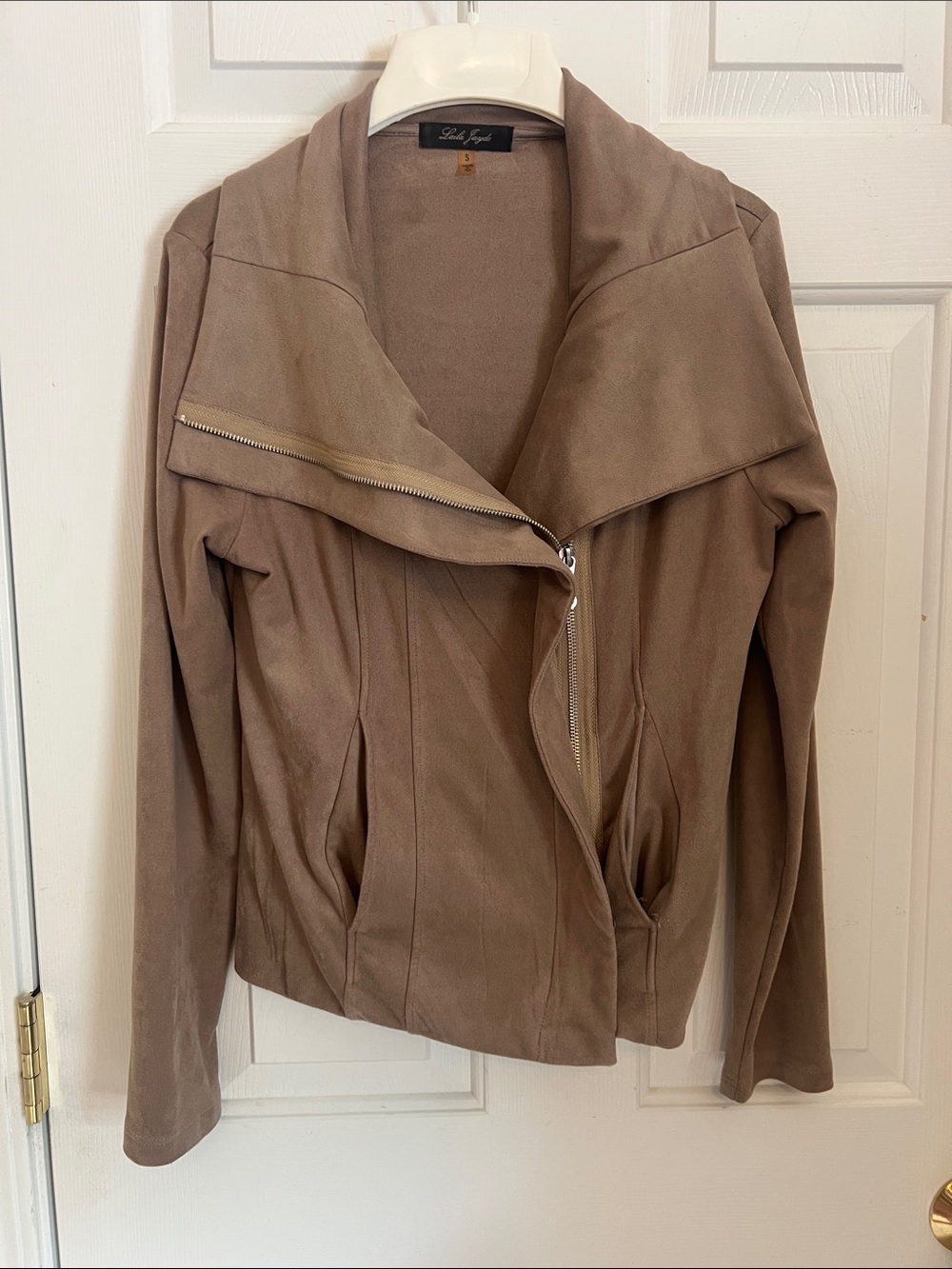 Laila Jayde Taupe Draped Zip-Front Leather Jacket